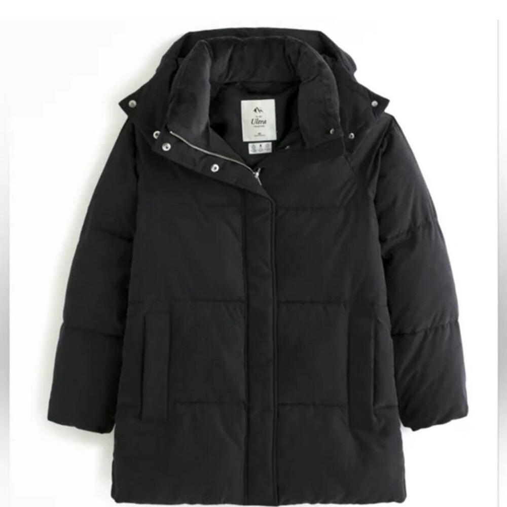 ABERCROMBIE & FITCH Ultra Midi Puffer Coat SZ XXL Black Winter Hooded Jacket